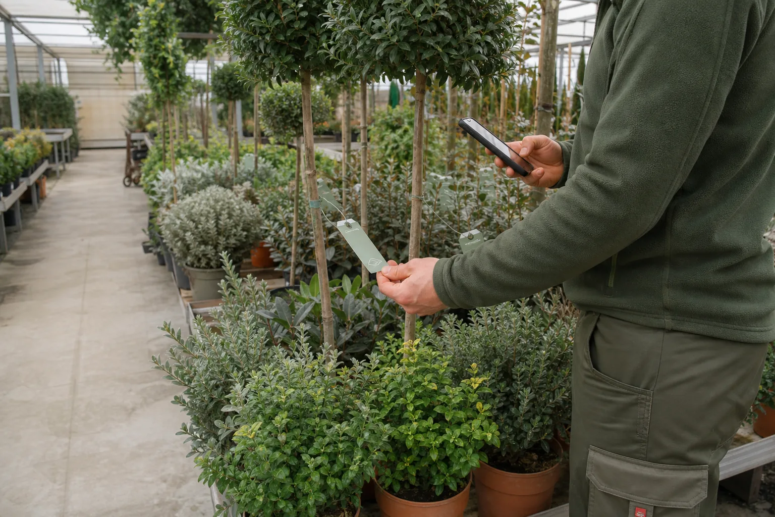 Mitarbeiter scannt den digitalen Tag einer Pflanze im Gartencenter