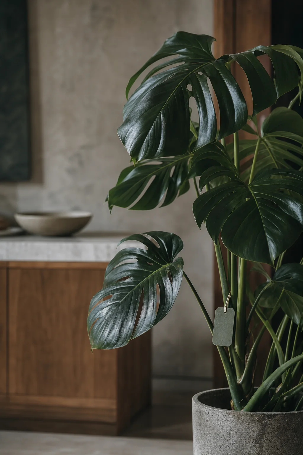 Monstera mit dezentem Pflanzen-Tag in einem natürlichen Wohnraum
